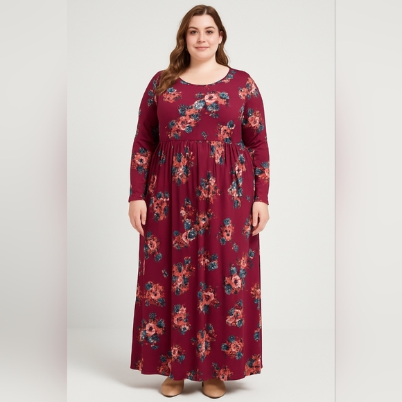 AB) Floral Print Burgundy Maxi Dress – Size 2X | Romantic Evening or Cas… - Picture 1 of 10